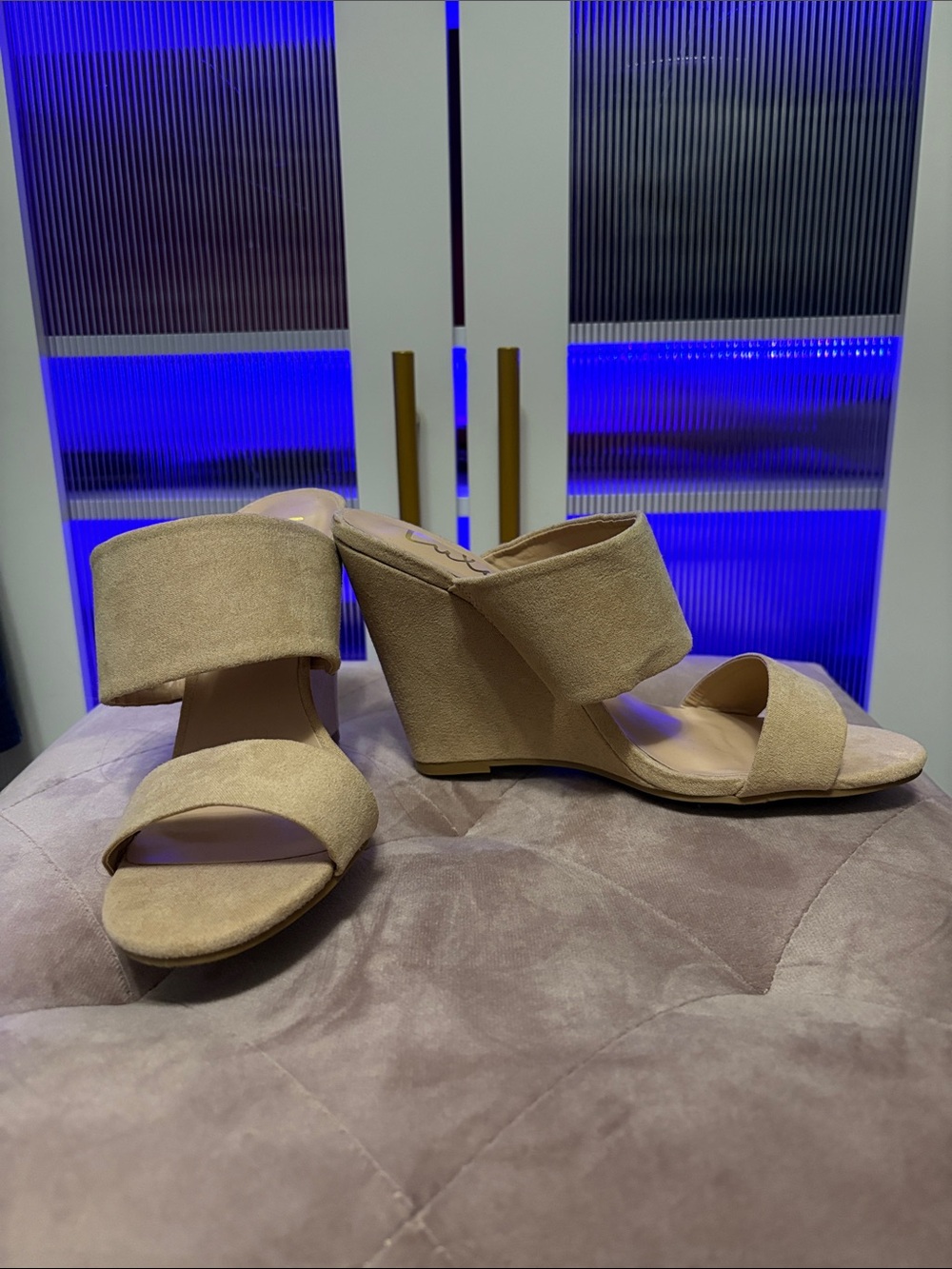 Lulu’s Beige Suede Wedge Sandals - Women's Slide Heels